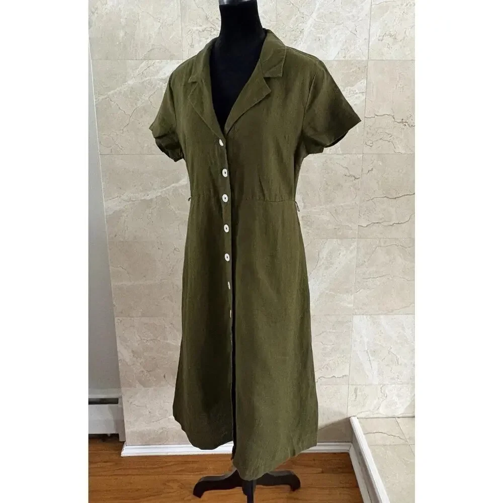 Quince European Linen Button Front Midi Dress - M Olive Green Spring Capsule - Picture 2 of 11